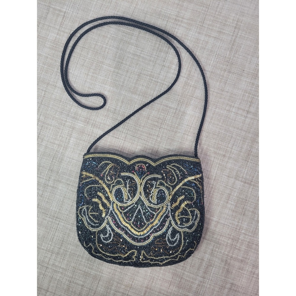 Carla Marchi Vintage Beaded Crossbody Bag Black Gold Silver Scroll Evening Purse